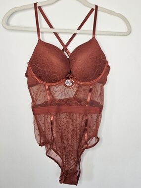 Rust Lace Bodysuit Teddy Strappy Back Lingerie Size L